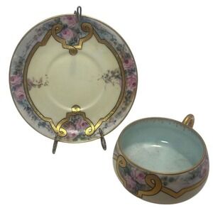 Vintage Floral Art Deco Coffee Tea Cup Saucer‎ H C Royal Bavaria With Stand